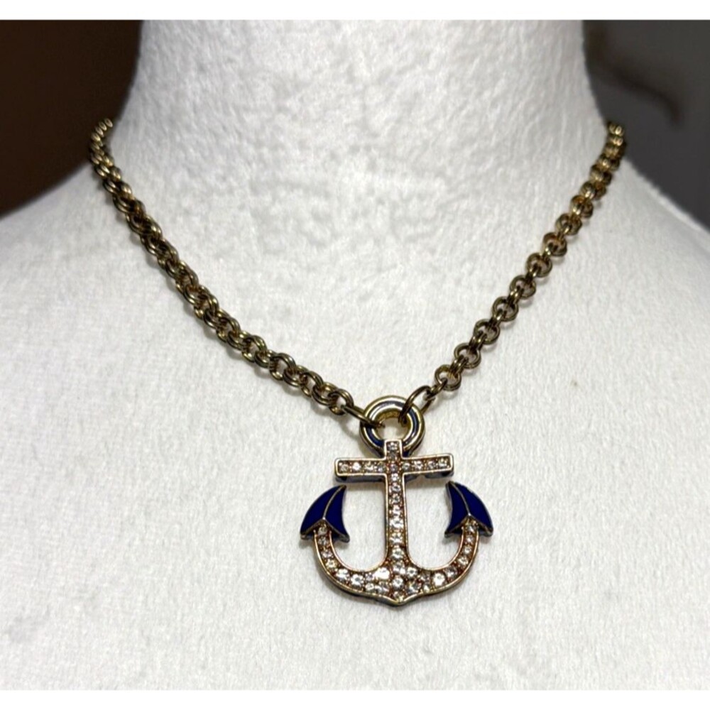 Amrita Singh Navy Blue Enamel Gold Tone Rhinestone Anchor Pendant Necklace